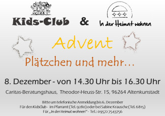 KidsClub & „In der Heimat wohnen“ - „Advent – Plätzchen und mehr….“ BITTE ANMELDEN - DANKE!