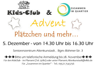 KidsClub „Advent, Plätzchen und mehr!“ gemeinsam mit „Zusammen im Quartier“ und Regens Wagner im Senorenzentrum Altenkunstasdt